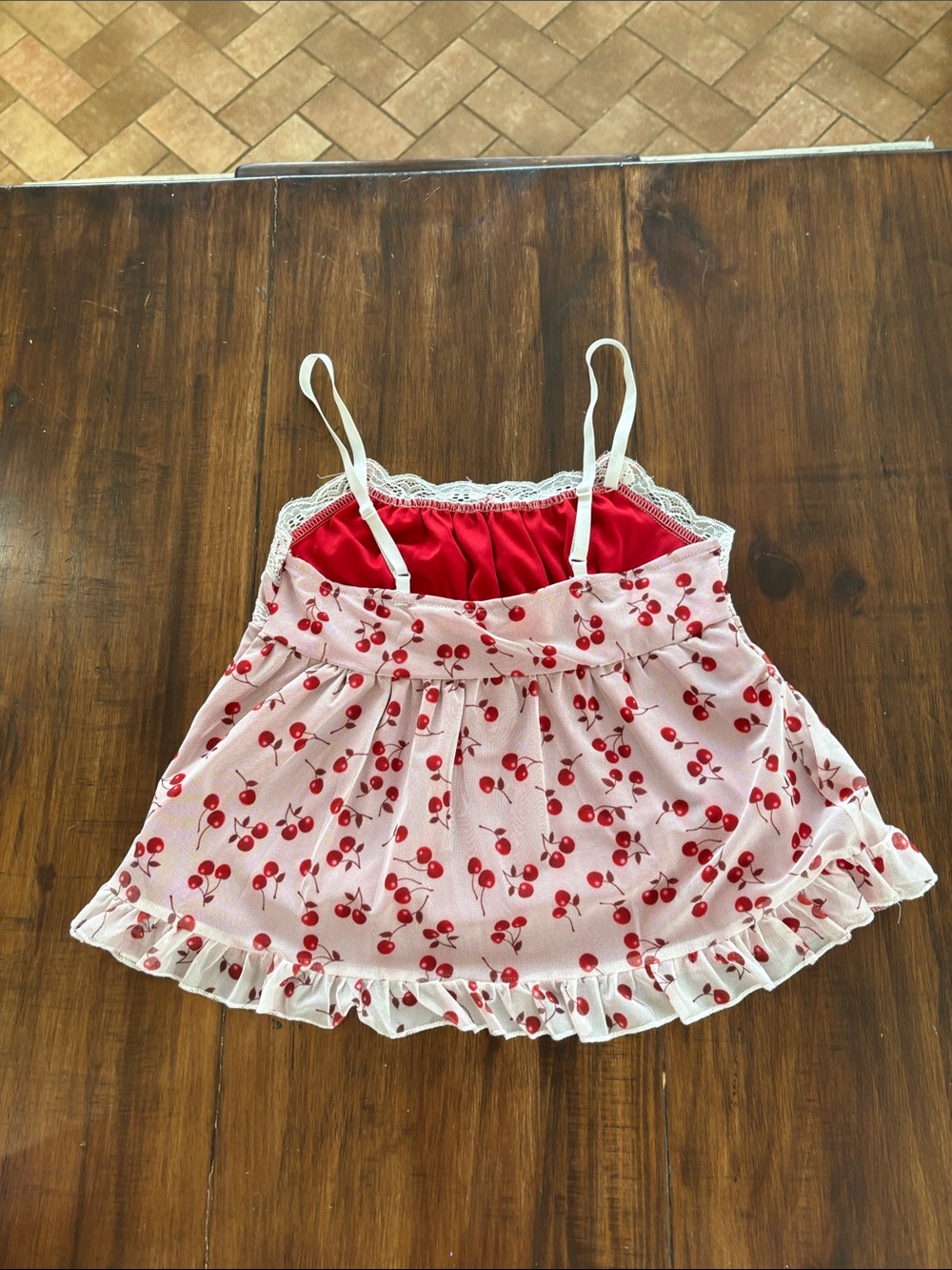 ROMWE Pink-Red Cherry Print Ruffle Cami - Picture 3 of 3